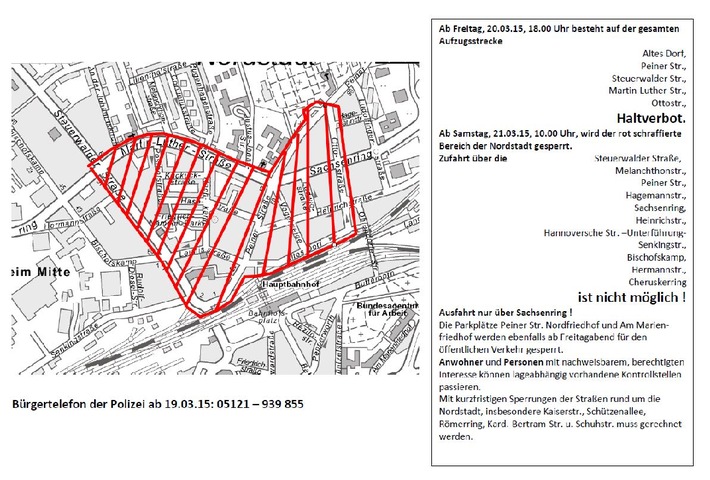 POL-HI: Bürgerinformation zur Verkehrssituation am Freitag, 20.3. und Samstag 21.03.2015 anlässlich versammlungsrechtlicher Aktionen in Hildesheim, Nordstadt.