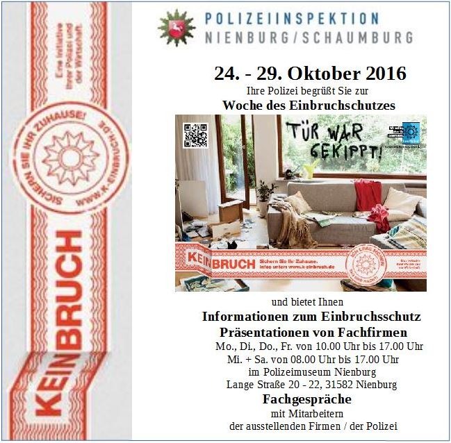 POL-NI: Woche zum Einbruchsschutz vom 24. - 29. Oktober 2016  im Polizeimuseum Nienburg Für ein sicheres Zuhause - Förderung für Maßnahmen zum Einbruchsschutz