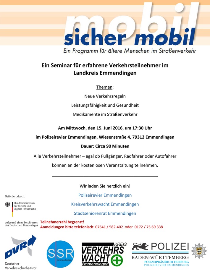 POL-FR: Emmendingen: Einladung zum Seminar "sicher mobil" am 15.06.2016 beim Polizeirevier Emmendingen