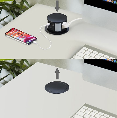 revolt Versenkbare Einbau-Tisch-Steckdose, 3-fach, 2x USB, Ø 100 mm,  schwarz: Schluss