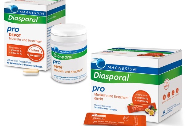 Protina Pharmazeutische GmbH: Jetzt neu: Magnesium Diasporal® Pro Muskeln und Knochen als patentierte 2-Phasen Depot-Tablette und als Direktstick / Hochdosierte Vitalstoffkombination mit Magnesium und den Vitaminen D3 und K2