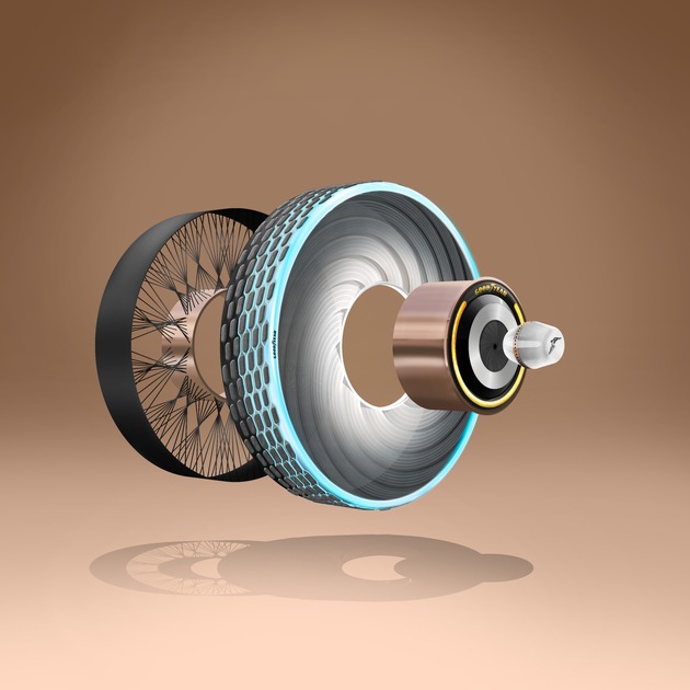 Auto-Salon Genf 2020 / Der Goodyear reCharge - ein Konzeptreifen der den Reifenwechsel erleichtert: mit individualisierbaren Kapseln, die seine Lauffläche erneuern