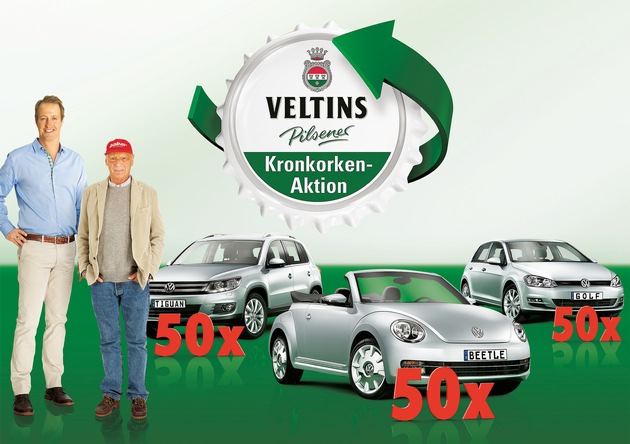 Niki Lauda und Florian König wecken Lust auf gewinnfreudige Veltins Kronkorken-Aktion 2013 (BILD)