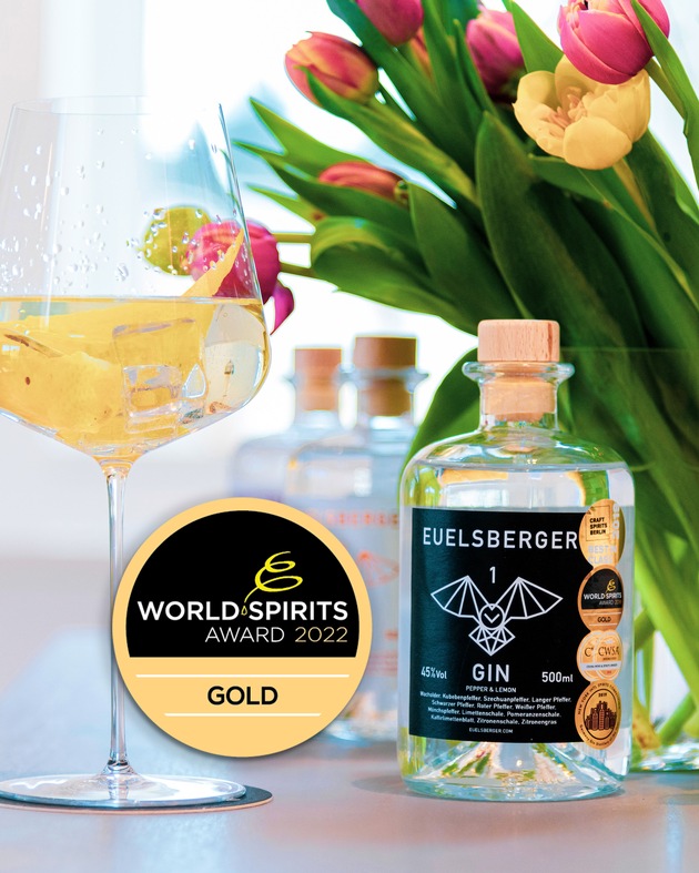 Gold für Euelsberger Gin #1 PEPPER &amp; LEMON auch bei hochkarätigem World Spirits Award 2022
