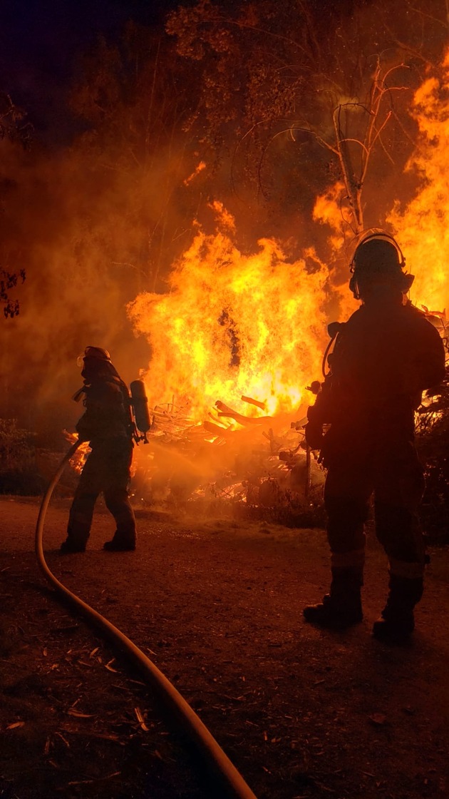 FW-E: Großer Holzstapel geht in Flammen auf - Feuerwehr verhindert Ausbreitung auf angrenzenden Wald