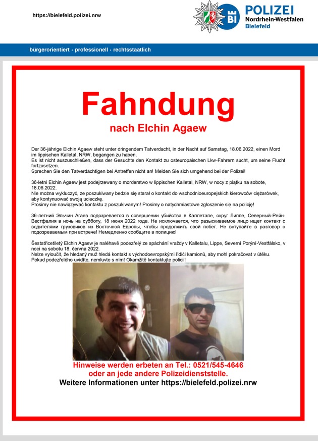 POL-H: Gemeinsame Öffentlichkeitsfahndung des Polizeipräsidiums Bielefeld und der Polizeidirektion Hannover: Fahndung nach Elchin Agaew nach mutmaßlichem Mord in Kalletal