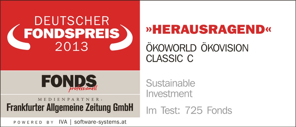 DEUTSCHER FONDSPREIS 2013 für ÖKOWORLD ÖKOVISION CLASSIC / FONDS professionell, die FAZ und das Institut für Vermögensaufbau vergeben DEUTSCHEN FONDSPREIS an ÖKOWORLD. (BILD)