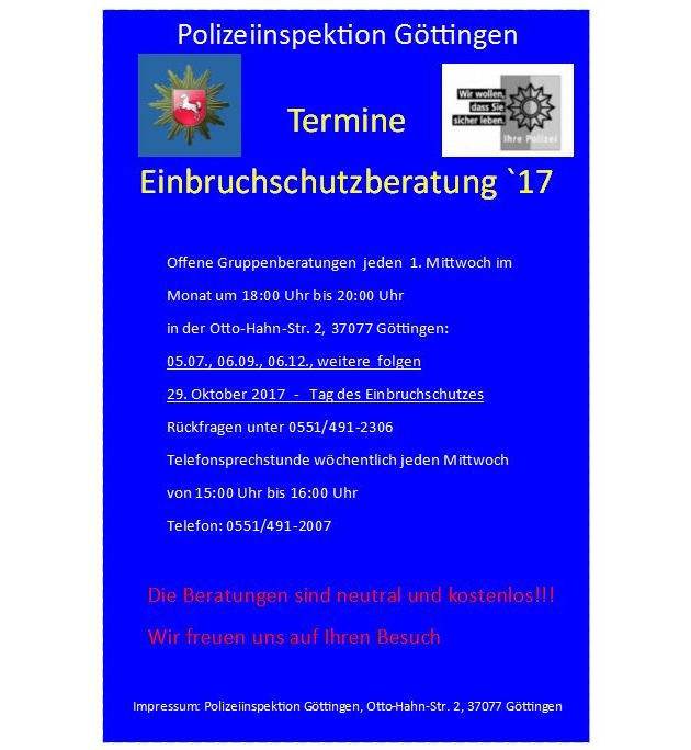 POL-GÖ: (391/2017) &quot;Einbrecher machen keinen Urlaub&quot; - Marko Otte vom Präventionsteam der Polizei Göttingen gibt sinnvolle Tipps!