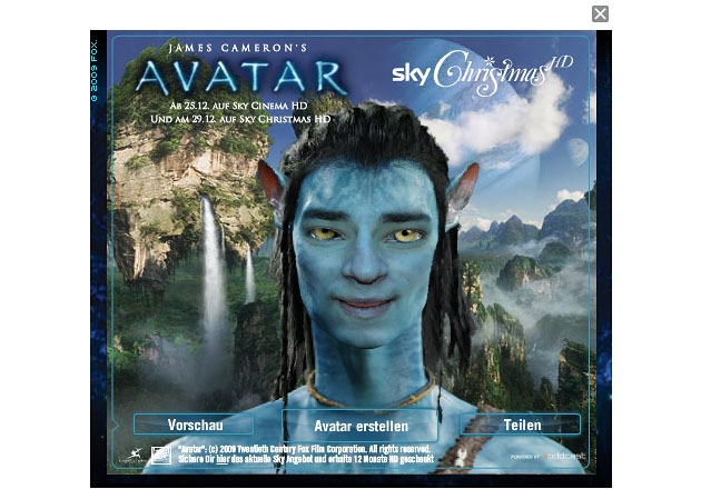 Weihnachtsgrüße in blau: Sky bietet zum deutschen TV-Start von &quot;Avatar&quot; originellen Online-Glückwunschservice &quot;Avatarize yourself&quot; (mit Bild)