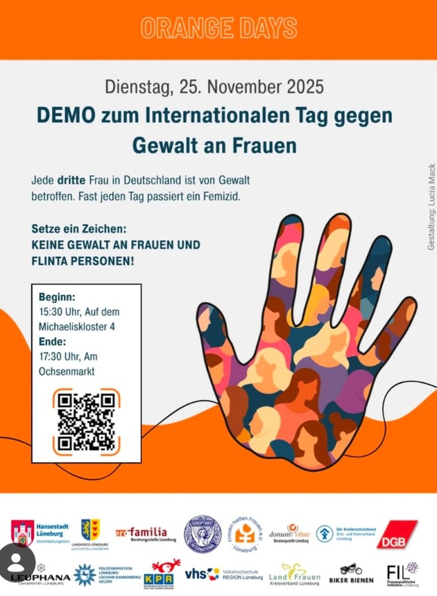 POL-LG: ++ &quot;Nein zu Gewalt gegen Frauen&quot; - Orange Days -&gt; Aktionen und Demonstration gegen Gewalt an Frauen zum Auftakt der &quot;Orange Days&quot; am 25.11.25 in Lüneburg ++