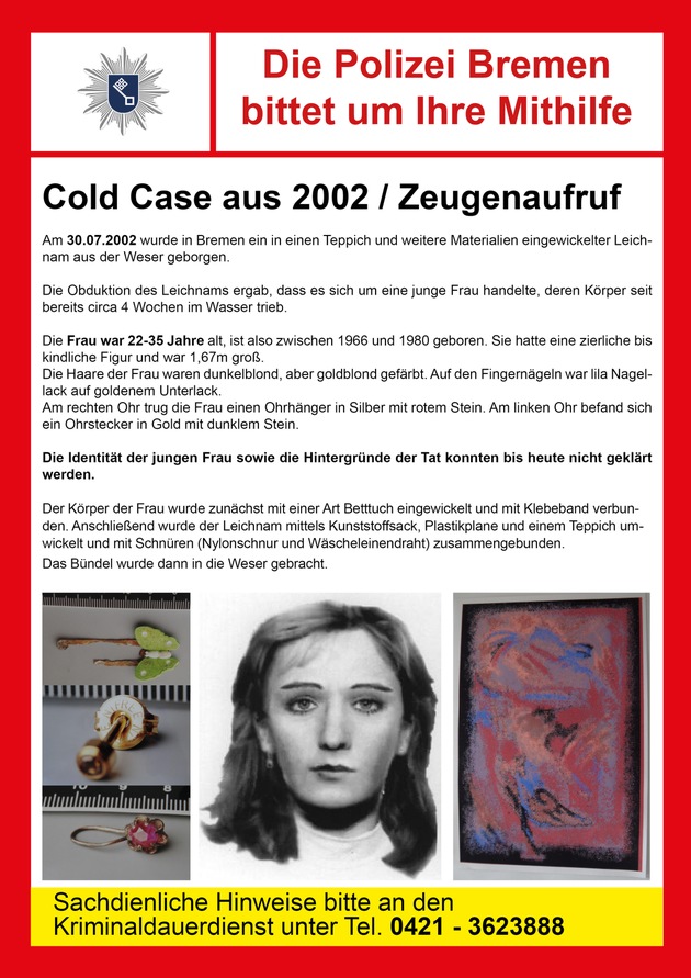POL-HB: Nr.: 0478--Bremer &quot;Cold-Case&quot; bei Aktenzeichen XY - Wer kennt die unbekannte Tote aus der Weser?--