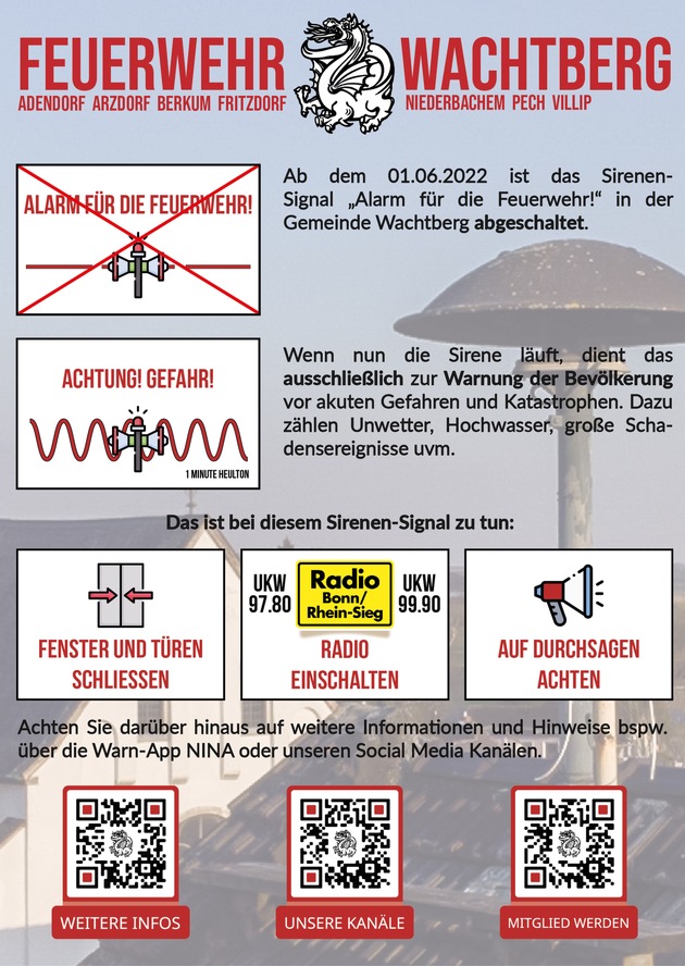 FW Wachtberg: Ab 01.06.2022: Wachtberger Sirenen heulen nur noch zur Bevölkerungswarnung