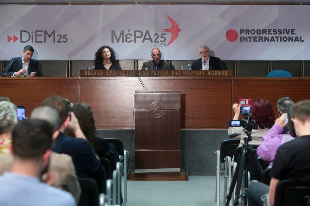 Jeremy Corbyn, Ece Temelkuran and Yanis Varoufakis present the Athens Declaration