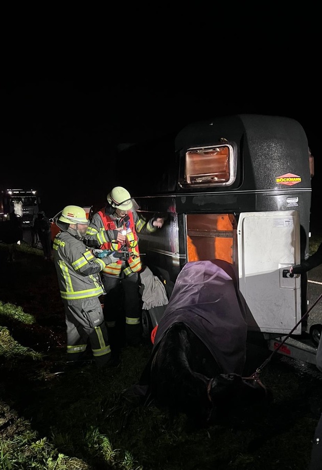 FW-WRN: TH_TIER - LZ1 - Pferd nach Bremsung im Anhänger eingeklemmt, 2. Pferd mit im Anhänger