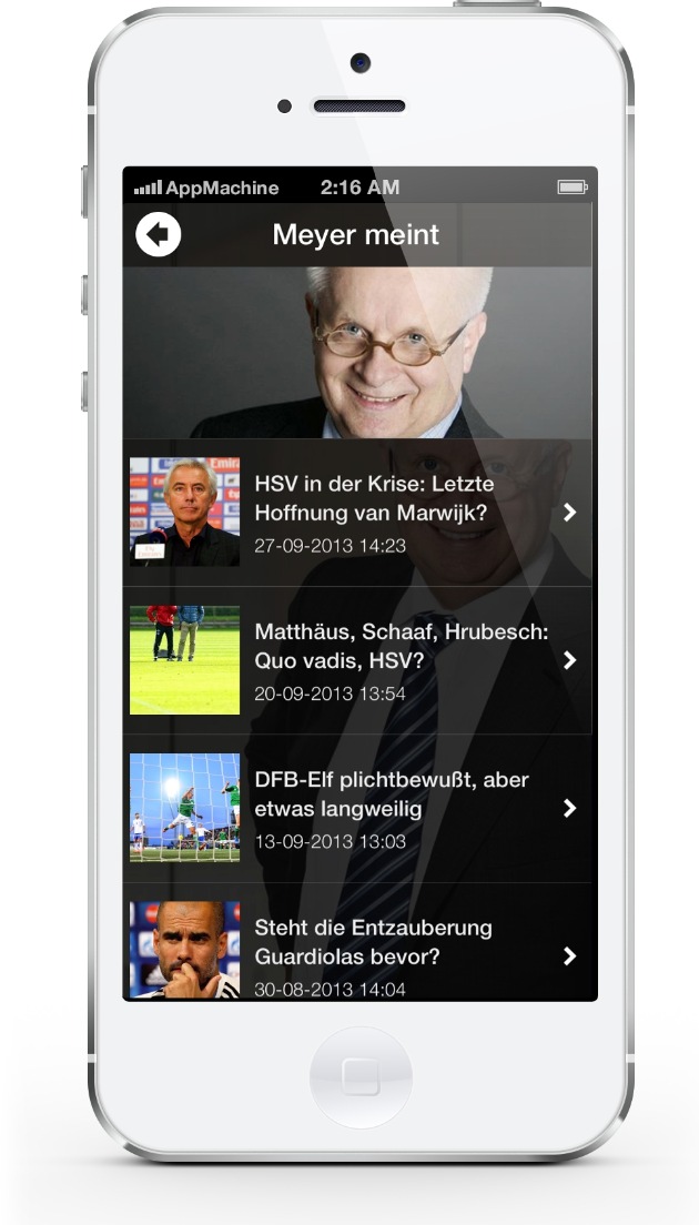 Fußball-Blog &quot;MEYERmeint&quot; für iPhone und Android: AppMachine stellt neue App des news aktuell-Geschäftsführers Carl-Eduard Meyer bereit