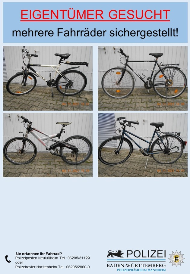 POL-MA: Hockenheim/Neulußheim/Reilingen/Rhein-Neckar-Kreis: Fahrräder bei Durchsuchung sichergestellt - Geschädigte bzw. Eigentümer gesucht