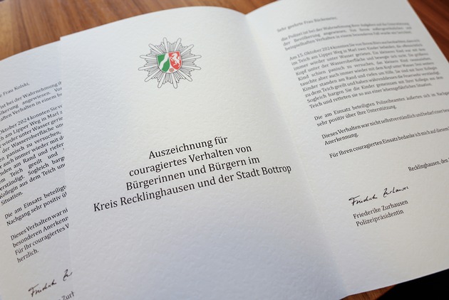 POL-RE: Recklinghausen/Bottrop: Polizeipr&auml;sidentin ehrt couragierte B&uuml;rgerinnen und B&uuml;rger