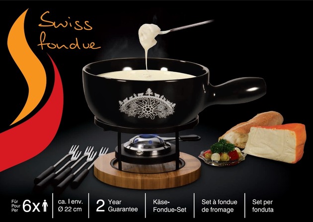 Manor: rappel du set à fondue neuf pièces « horizon noir » et d&apos;un caquelon « tache de vache » de la marque Style&apos;n Cook
