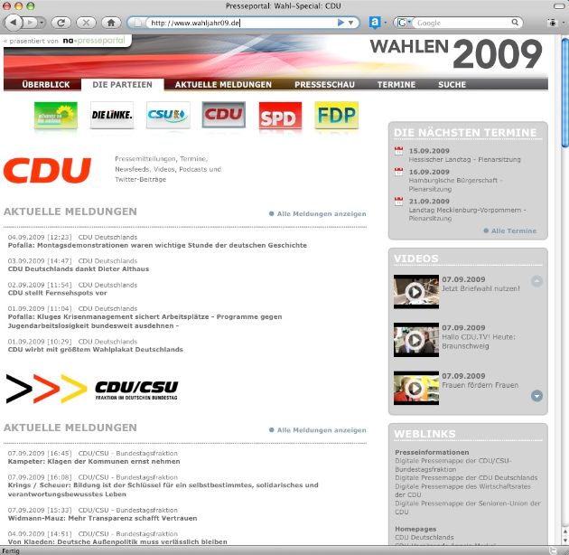 Informationsportal www.wahljahr09.de von news aktuell erleichtert die Recherche / Schon mehr als 10.000 Mitteilungen von Parteien, Organisationen und Medien