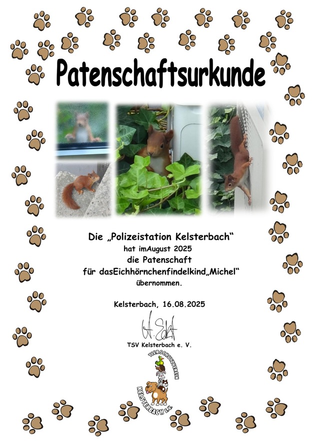 POL-DA: Kelsterbach: Polizei übernimmt Patenschaft für Eichhörnchen-Bub &quot;Michel&quot;