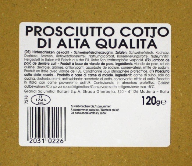 Rappel du produit: Le fournisseur Grandi Salumifici Italiani S.p.A., situé à Modène (Italie), informe du rappel du produit Prosciutto Cotto di Alta Qualità (jambon cuit italien, en tranches), 120g