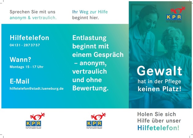 POL-LG: ++ Hilfetelefon &amp; Infomaterial -&gt; Gewalt in der Pflege - Hilfetelefon für niedrigschwellige und vertrauliche Beratungsmöglichkeiten für u.a. Betroffene, Angehörige, Pflegepersonal und &quot;Täter&quot; ..