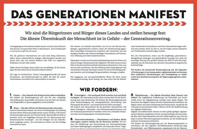 Generationen Stiftung: 45 Prominente stellen das Generationen Manifest vor und stellen 10 Forderungen an die künftige Bundesregierung