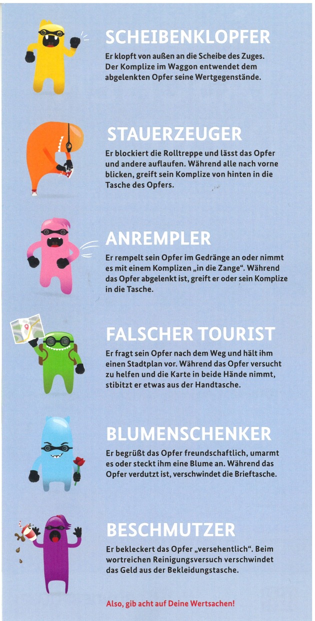 BPOL NRW: Bunte Monster warnen vor Taschendiebstahl - Bundespolizei macht Reisende auf Tricks von &quot;Langfingern&quot; aufmerksam!