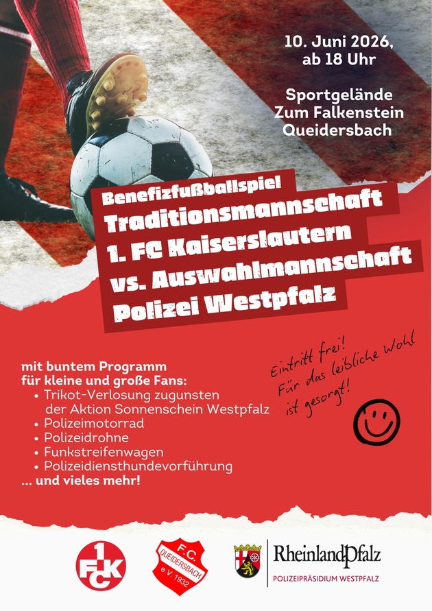 POL-PPWP: Benefizfußballspiel: 1. FCK-Traditionsmannschaft vs. Polizei-Auswahl