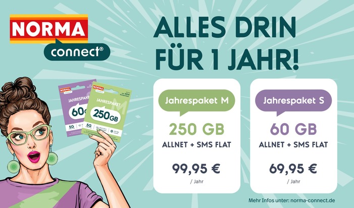 NORMA: G&uuml;nstig, flexibel und ausgezeichnet: NORMA Connect startet Prepaid-Jahrespakete mit gro&szlig;em Datenvolumen und bester Netzqualit&auml;t / Bis zu 250 GB ohne Vertragsbindung
