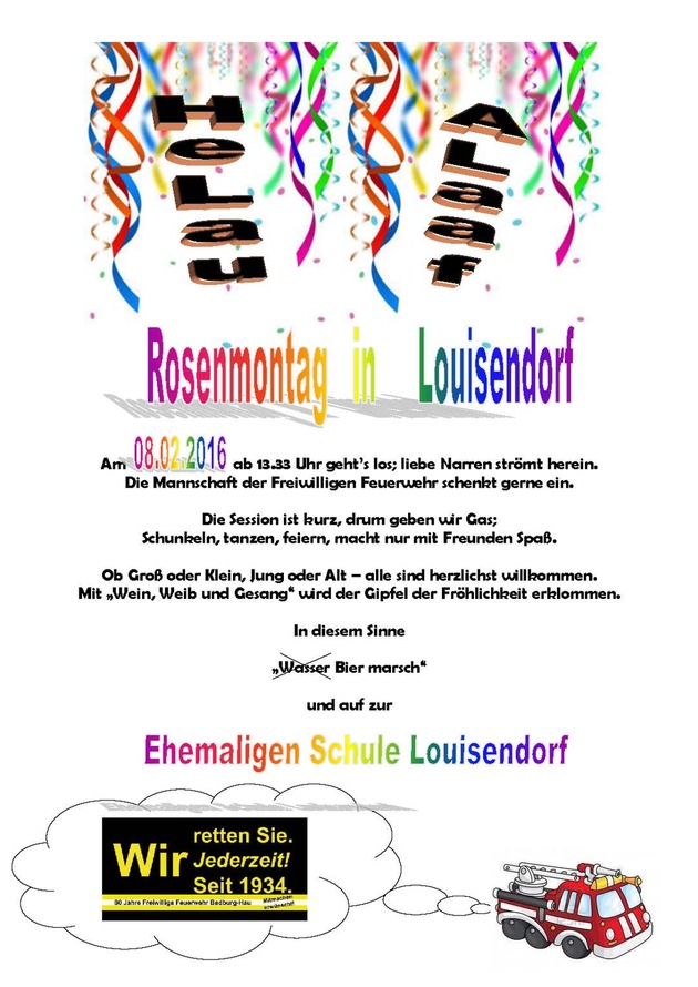 FW-KLE: Freiwillige Feuerwehr Bedburg-Hau lädt zum Rosenmontagstreiben ein!