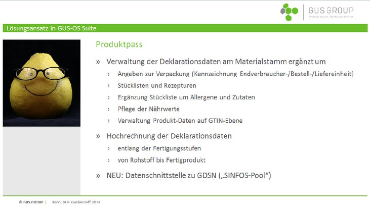 GUS Group unterstützt Lebensmittelhersteller bei der Umsetzung der neuen EU Lebensmittelverordnung mit GUS-OS Produktpass Product-Life-Cycle Management (BILD)