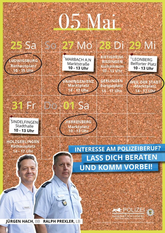 POL-LB: Landkreis Böblingen und Ludwigsburg: Einstellungsberater des Polizeipräsidiums Ludwigsburg sind wieder mit dem Karrieremobil auf Pfingsttour