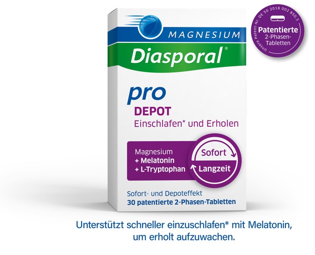 Neu in der Apotheke: Magnesium Diasporal® Pro DEPOT Einschlafen* und Erholen / Die einzigartige patentierte 2-Phasen-Tablette mit Sofort- und Langzeitfreisetzung.