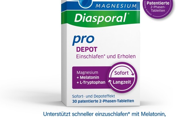 Protina Pharmazeutische GmbH: Neu in der Apotheke: Magnesium Diasporal® Pro DEPOT Einschlafen* und Erholen / Die einzigartige patentierte 2-Phasen-Tablette mit Sofort- und Langzeitfreisetzung.