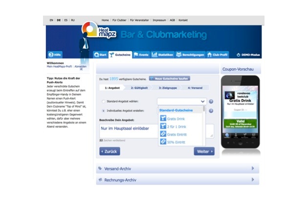 Neue Nightlife-Marketing Plattform für Eventveranstalter und Gastronomiebetriebe, erlaubt die Beeinflussung des Gästemix mittels mobile Couponing (Bild)
