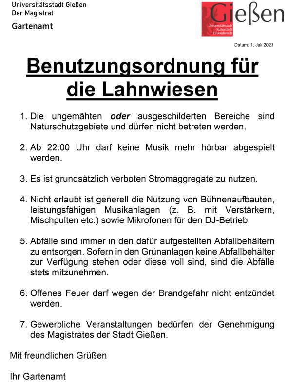 POL-GI: Benutzungsordnung nach den Lahnwiesen auf für Stadtpark Wieseckaue erlassen- Gespräche und Kontrollen angekündigt