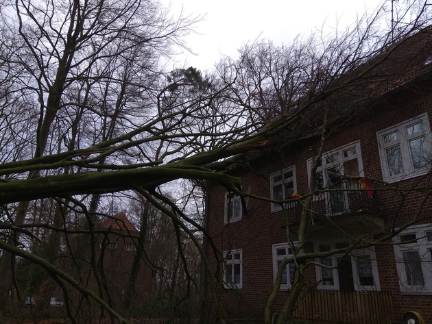 FW-KLE: Sturmtief &quot;Friederike&quot;: Erste Bilanz der Freiwilligen Feuerwehr Bedburg-Hau - Bahnstrecke Krefeld - Kleve gesperrt - Baum auf Mehrfamilienhaus