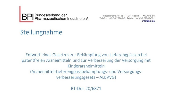 BPI Bundesverband der Pharmazeutischen Industrie: BPI zum ALBVVG-Gesetzgebungsverfahren: Jetzt die Chance im Kampf gegen Arzneimittel-Engpässe nutzen!