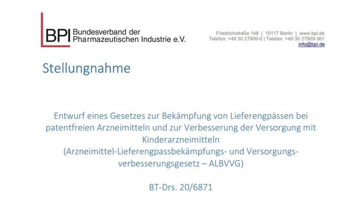 BPI Bundesverband der Pharmazeutischen Industrie: BPI zum ALBVVG-Gesetzgebungsverfahren: Jetzt die Chance im Kampf gegen Arzneimittel-Engpässe nutzen!