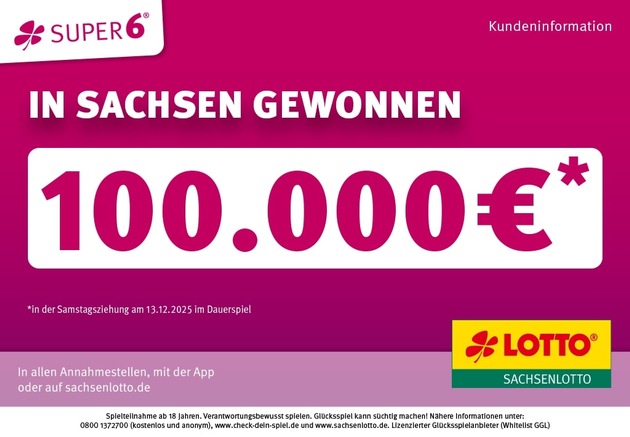 Vogtländer gewinnt fast eine halbe Million im LOTTO 6aus49 – SUPER 6 bringt weitere 100.000 Euro