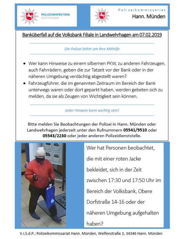 POL-GÖ: (134/2019) Eine Woche nach Banküberfall in Landwehrhagen - Fahndung nach dem Täter dauert an, Polizei verteilt Flyer und befragt Anwohner