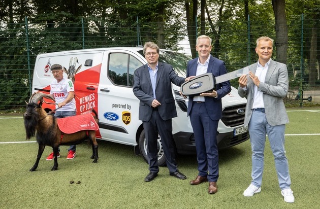 Ford-Werke GmbH: Emissionsfrei zum Stadion: FC-Maskottchen Hennes IX. fährt künftig elektrisch im eigens umgebauten Ford Transit Custom