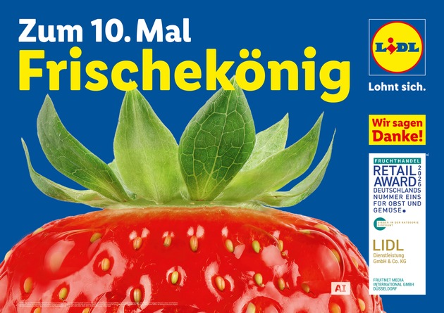 Frischekönig feiert Jubiläum: Lidl gewinnt zum zehnten Mal den Retail Award / Verbraucher bestätigen Lidl als Champion für Obst und Gemüse in der Kategorie Discount
