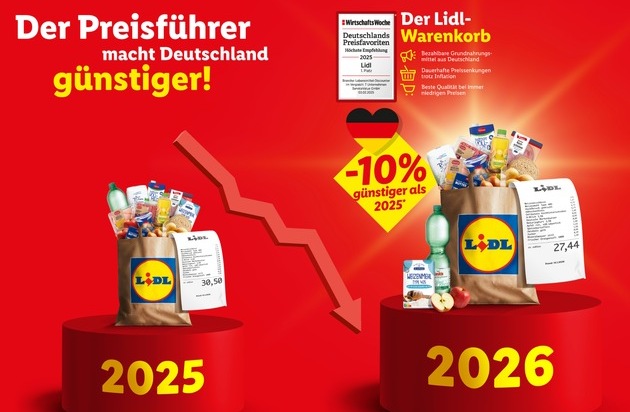 Lidl: Der Lidl-Warenkorb: Grundnahrungsmittel 2026 rund 10 Prozent g&uuml;nstiger als im Vorjahr