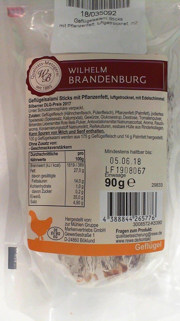 Warenrückruf für &quot;Wilhelm Brandenburg - Geflügelsalami Sticks mit Pflanzenfett, luftgetrocknet, mit Edelschimmel, 90g&quot;, sowie &quot;Marten Salametti Minisalamis-Geflügel, 100g&quot;