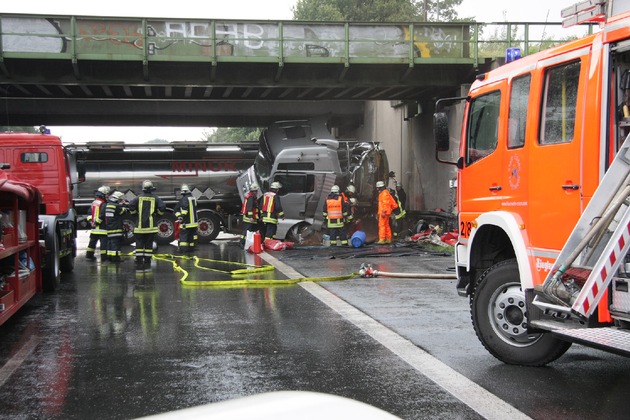 FW-E: Tankzug verunglückt, Fahrer und Beifahrer verletzt, maximal 1000 Liter Glykol und unbestimmte Menge Dieselkraftstoff ausgetreten
