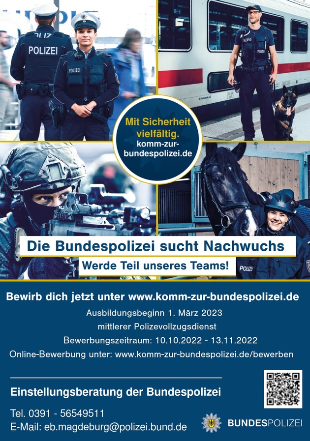 BPOLI MD: Gib Deiner Zukunft eine neue Richtung! Informationsveranstaltung der Bundespolizei am 26. Oktober 2022