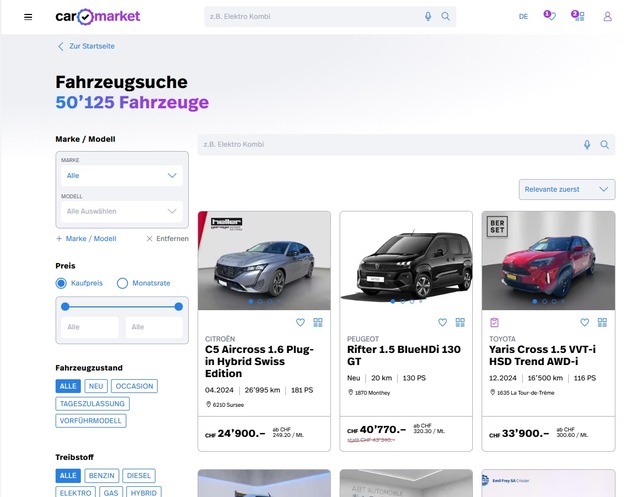 Carmarket überschreitet 50 000 gelistete Qualitäts-Fahrzeuge / Grosse Auswahl für Schweizer Kundschaft