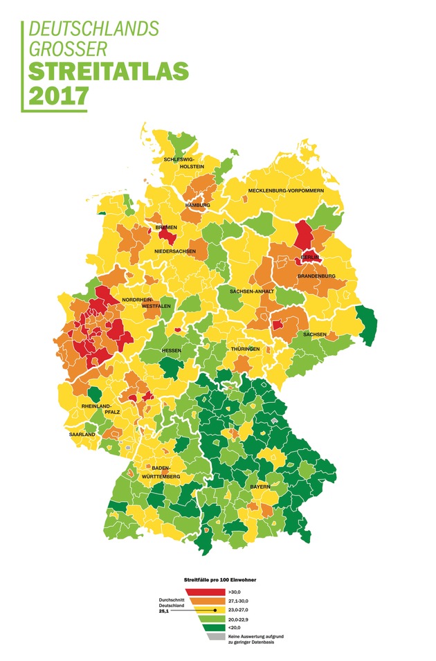 Deutschlands großer Streitatlas 2017 / Uneinigkeit und Recht und Sturheit: Jeder Vierte in Deutschland in Rechtsstreit verwickelt